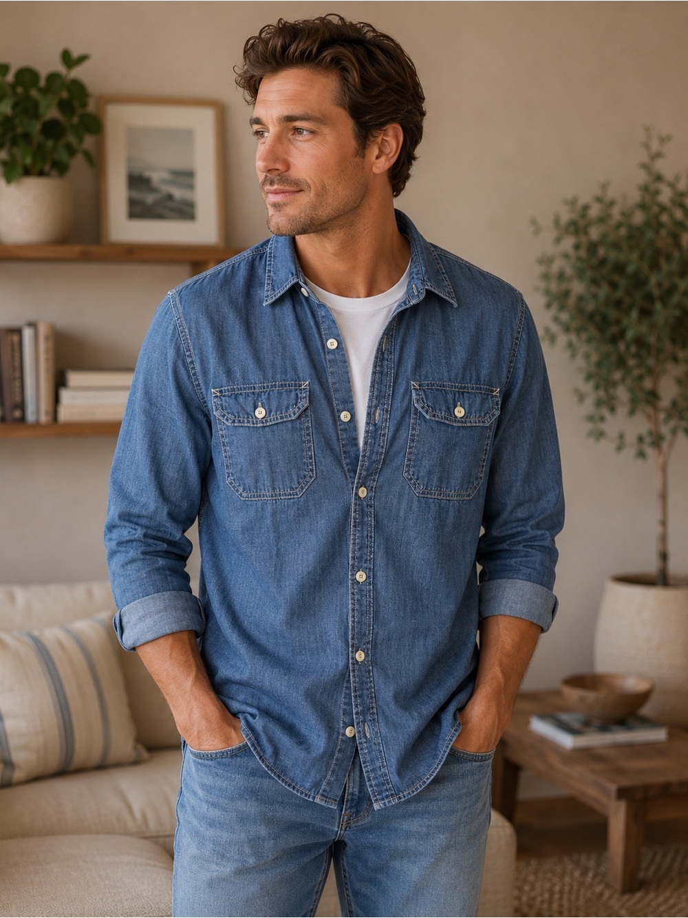 American Eagle Vintage Fit Chambray Western Shirt Button Front Americana Large
